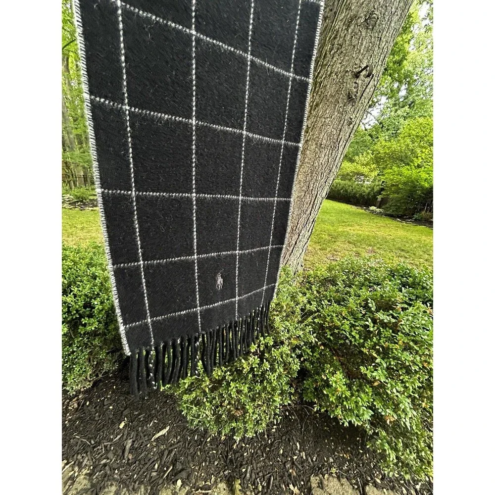 Polo Ralph Lauren Lambswool Scarf Grey Black Plaid Fringe Preppy Heritage Italy